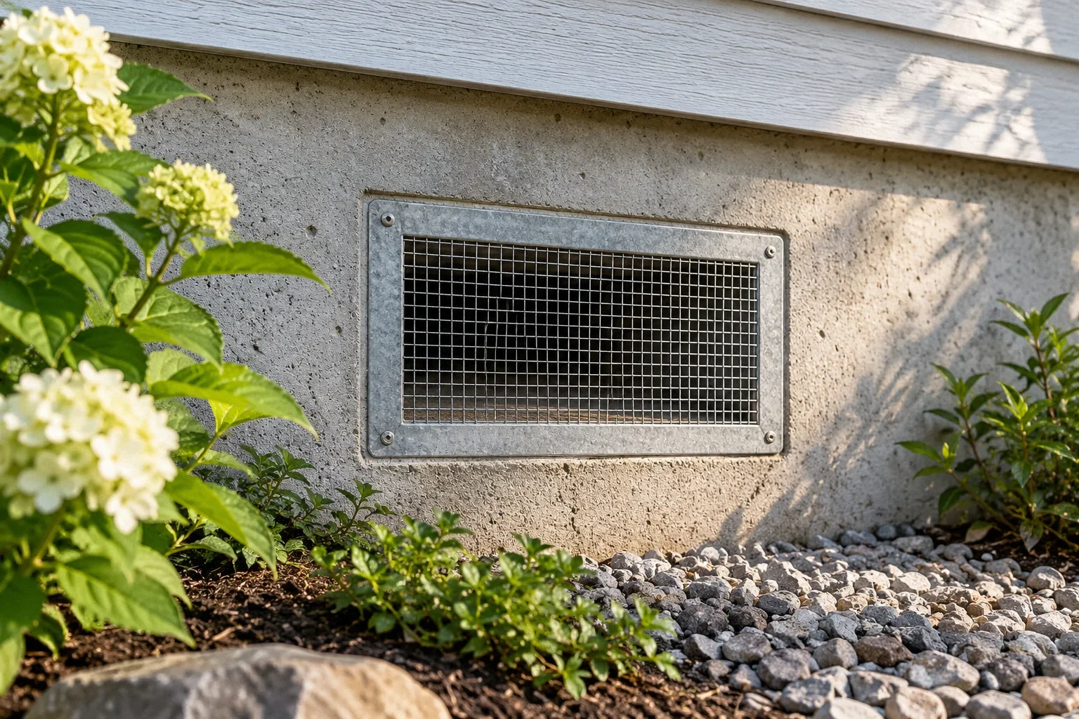 Conceptual illustration: Screened rectangular crawl-space vent in concrete stem wall; small garden and gravel; close morning exterior.