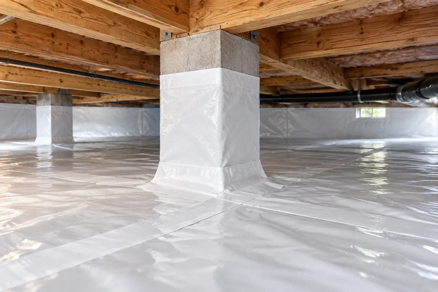 Conceptual illustration: White crawl-space membrane with visible overlapping seams around a pier; timber joists above; low wide view.