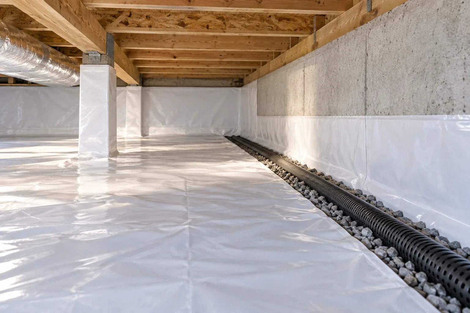 Conceptual illustration: Crawl-space liner and separate perimeter drain; both visually distinct; clean lit wall and floor materials.