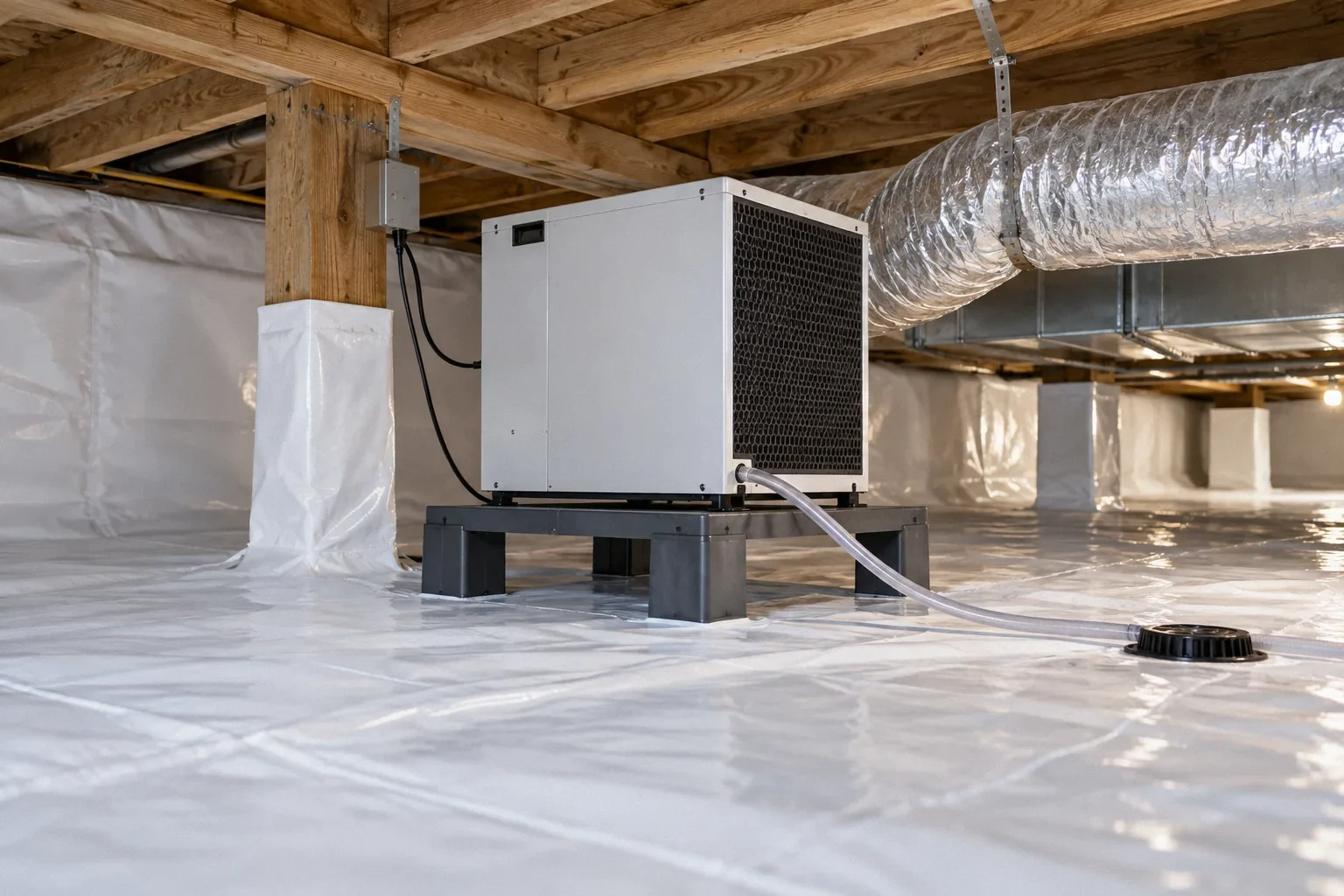 Conceptual illustration: Compact dehumidifier on raised platform inside sealed crawl space; visible drain hose and service clearance.