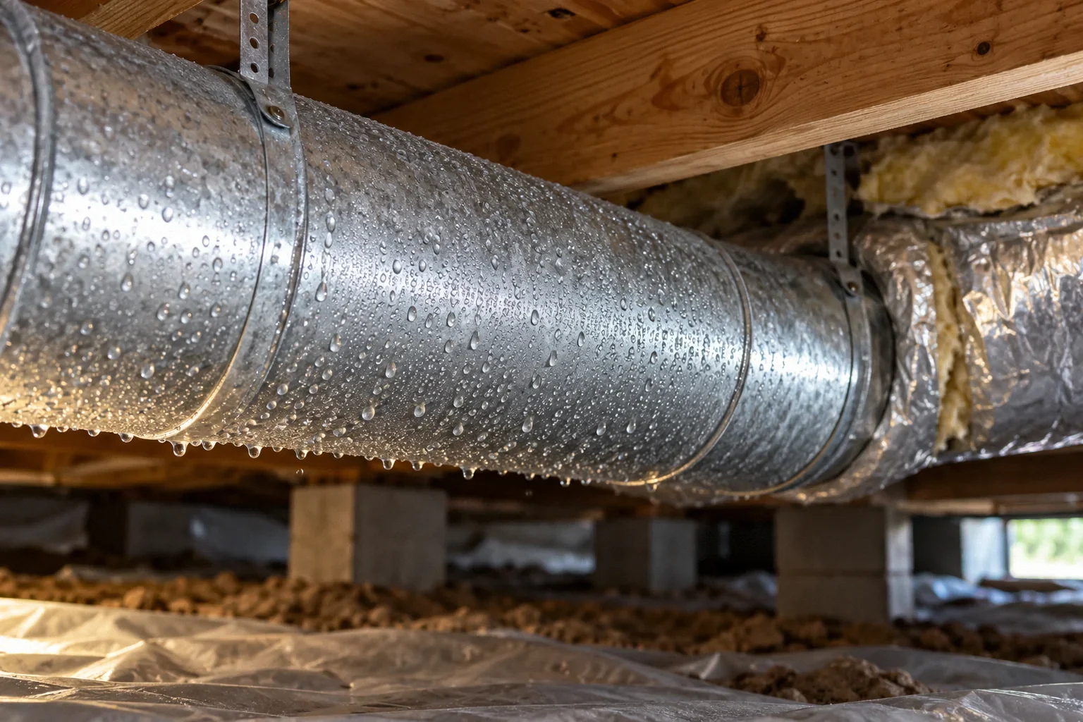 Conceptual illustration: Condensation droplets on galvanized duct under timber joists; cool raking light; close macro study.