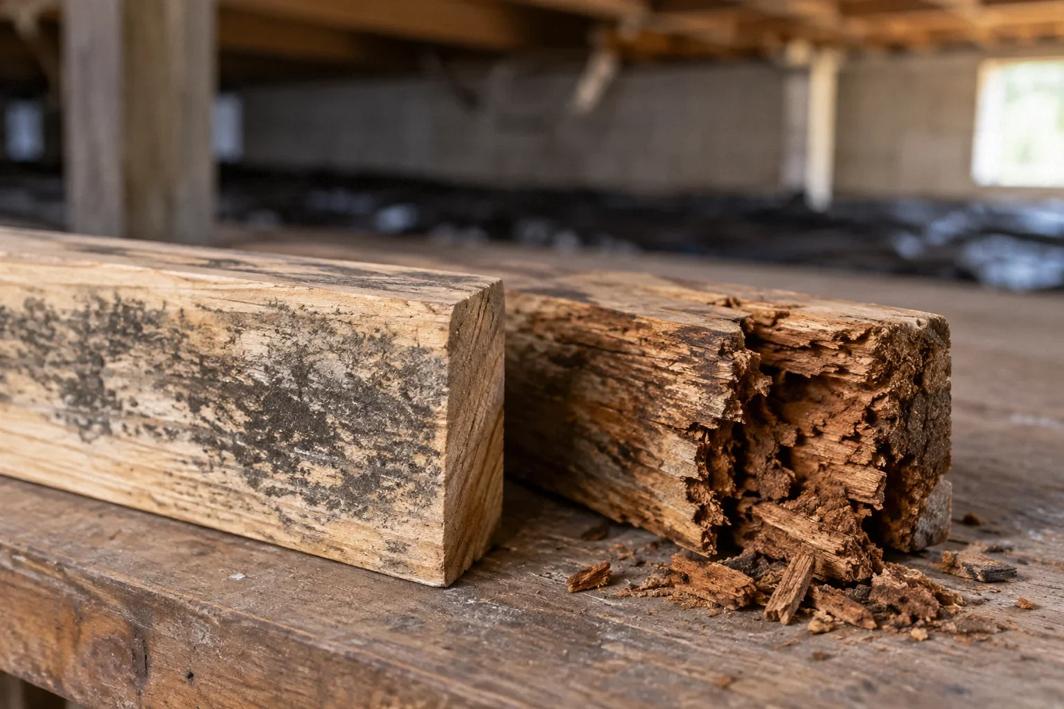 Conceptual illustration: Two separate timber samples on bench: surface-discolored sound wood and crumbly decayed end grain.