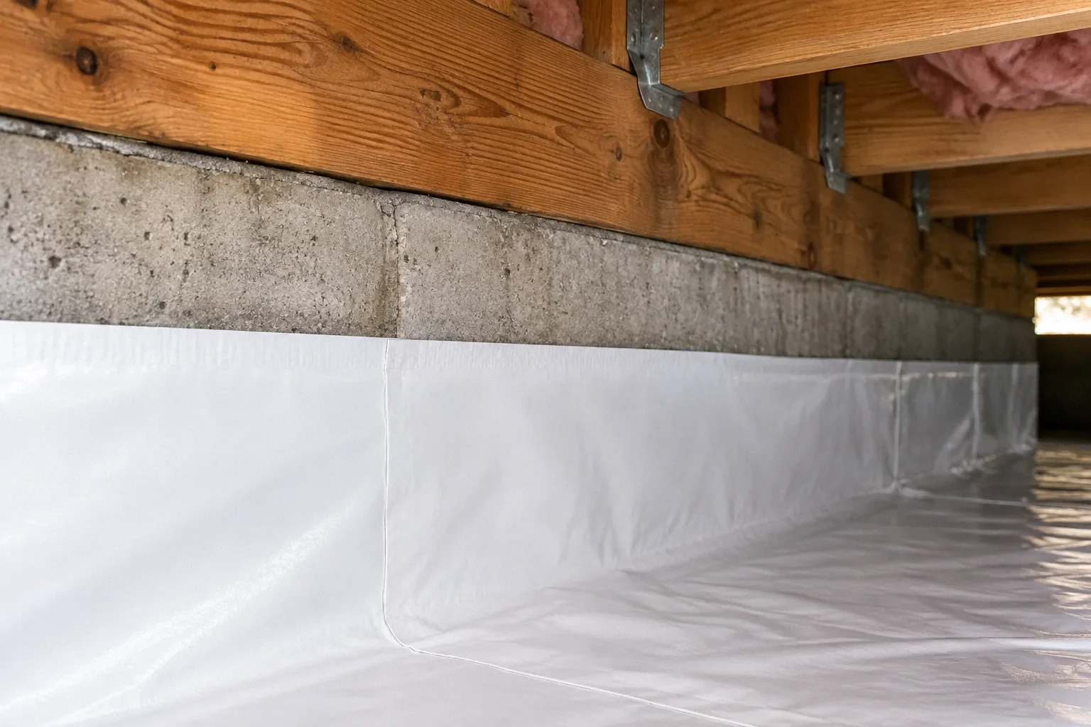 Conceptual illustration: White encapsulation liner stopping below exposed inspection band beneath wood sill; close wall profile.