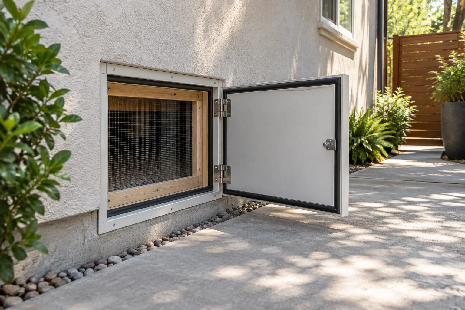 Conceptual illustration: Hinged crawl-space hatch in stucco exterior; intact screen and weatherseal detail; shaded walkway.