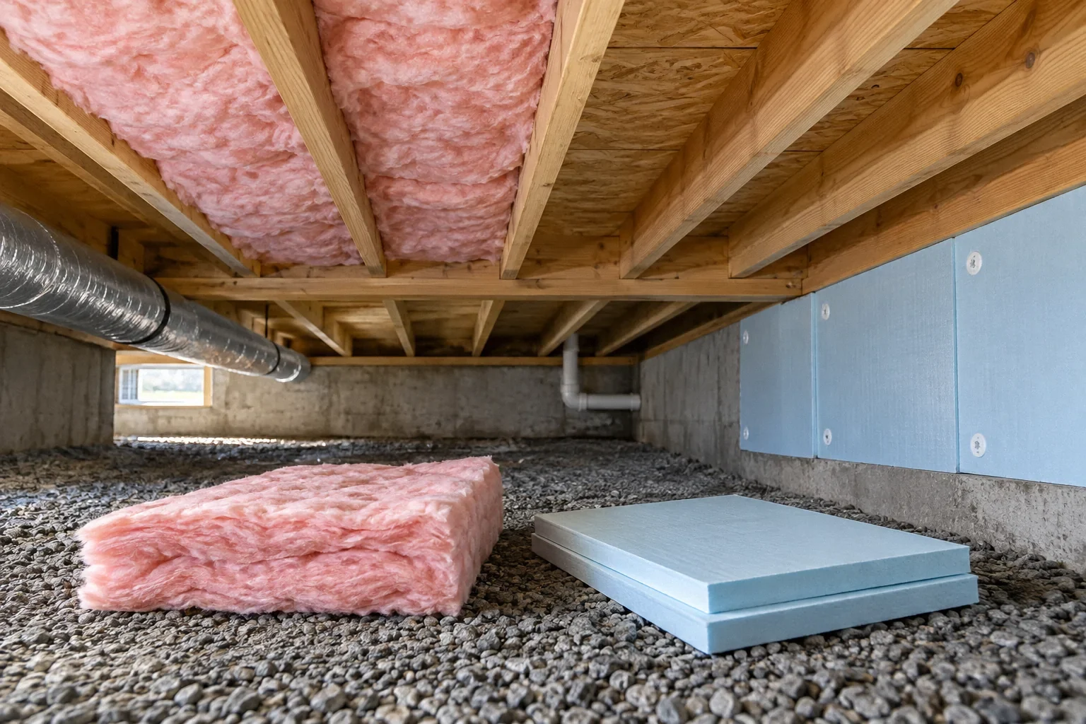 Conceptual illustration: Floor-framing bay with unattached batt and rigid-wall-insulation samples for comparison; clear crawl-space view.
