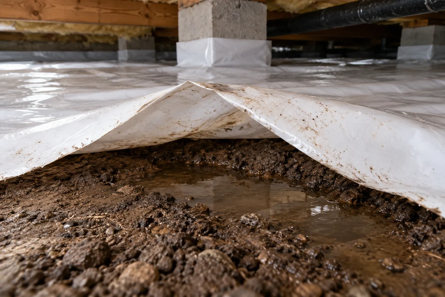 Conceptual illustration: Lifted edge of white ground membrane reveals damp soil and a small puddle beneath; close inspection perspective.