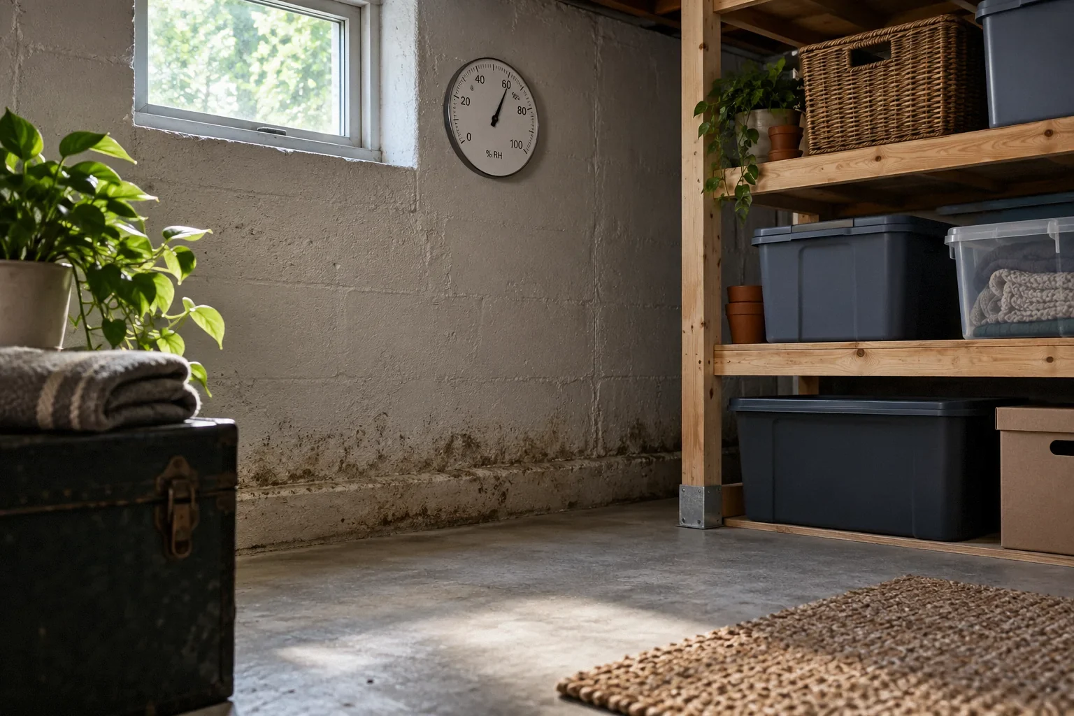 Conceptual illustration: Quiet basement corner with hygrometer and storage on raised shelves; subtle baseboard stain; no standing water.