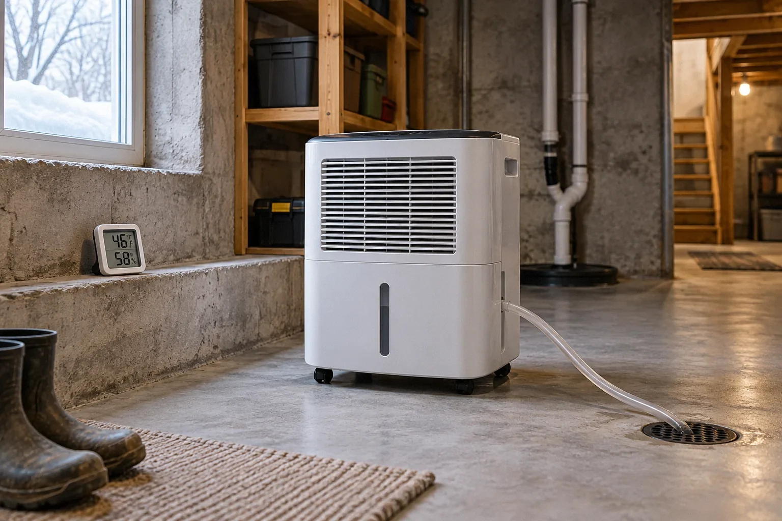 Conceptual illustration: Standalone dehumidifier and small thermometer in cold unfinished basement; drain hose, winter window light.
