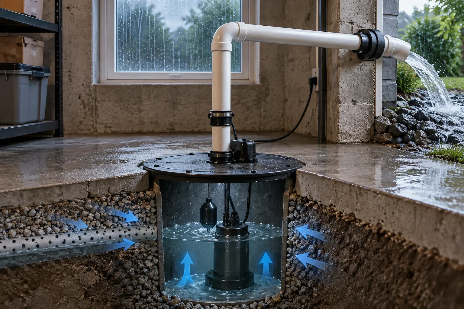 Conceptual illustration: Covered sump basin with vertical discharge pipe; rain-streaked basement window behind; center focus.