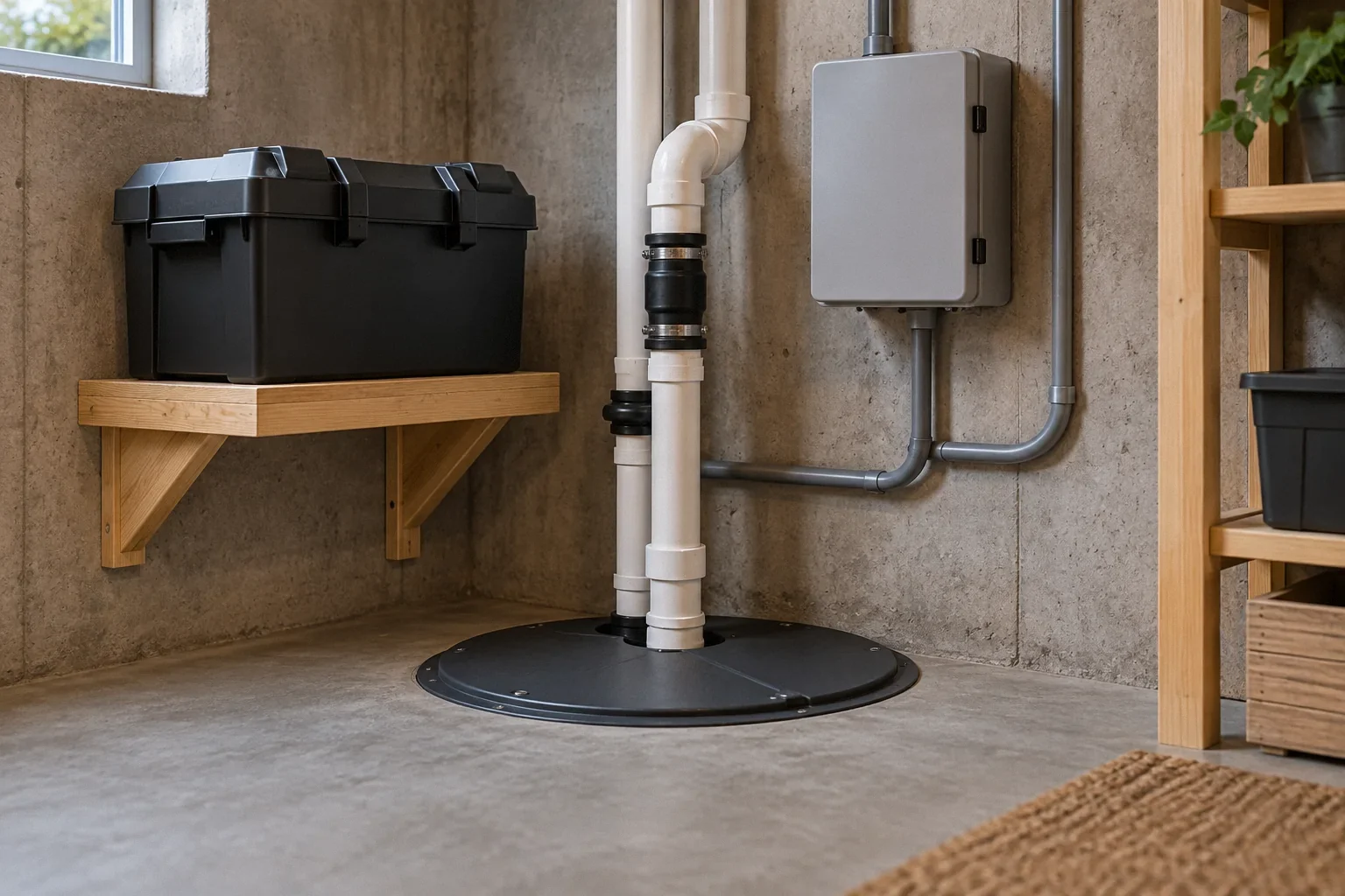 Conceptual illustration: Covered sump and separate elevated battery box; enclosed controller; no exposed wires; basement corner.
