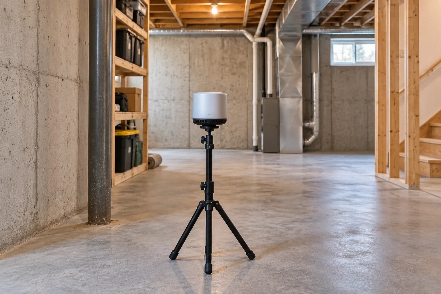 Conceptual illustration: Generic radon monitor on a stand in unfinished basement away from window; simple concrete interior.
