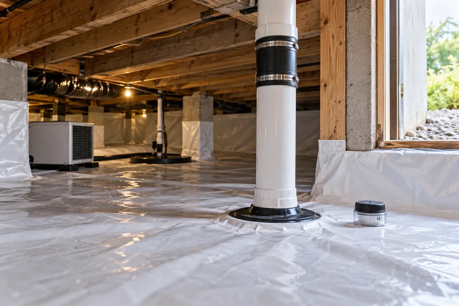 Conceptual illustration: Crawl-space liner, upward vent riser and small radon sampler near access opening; no technical pipe diagram.