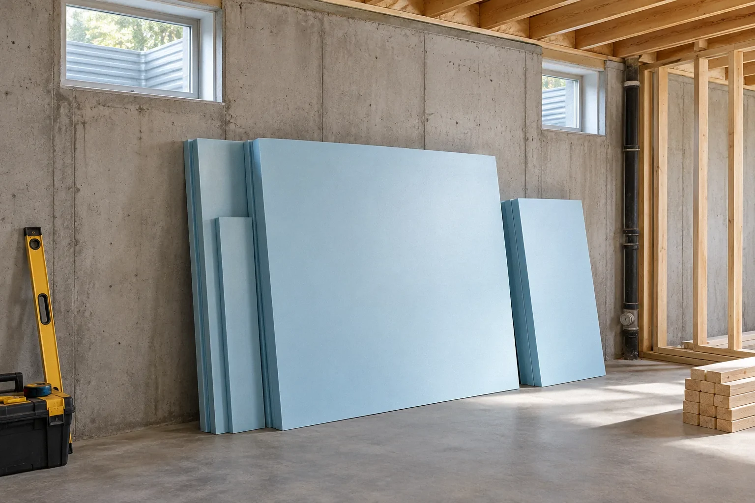 Conceptual illustration: Rigid foam boards leaning against dry basement wall before studs; clean construction planning setup.