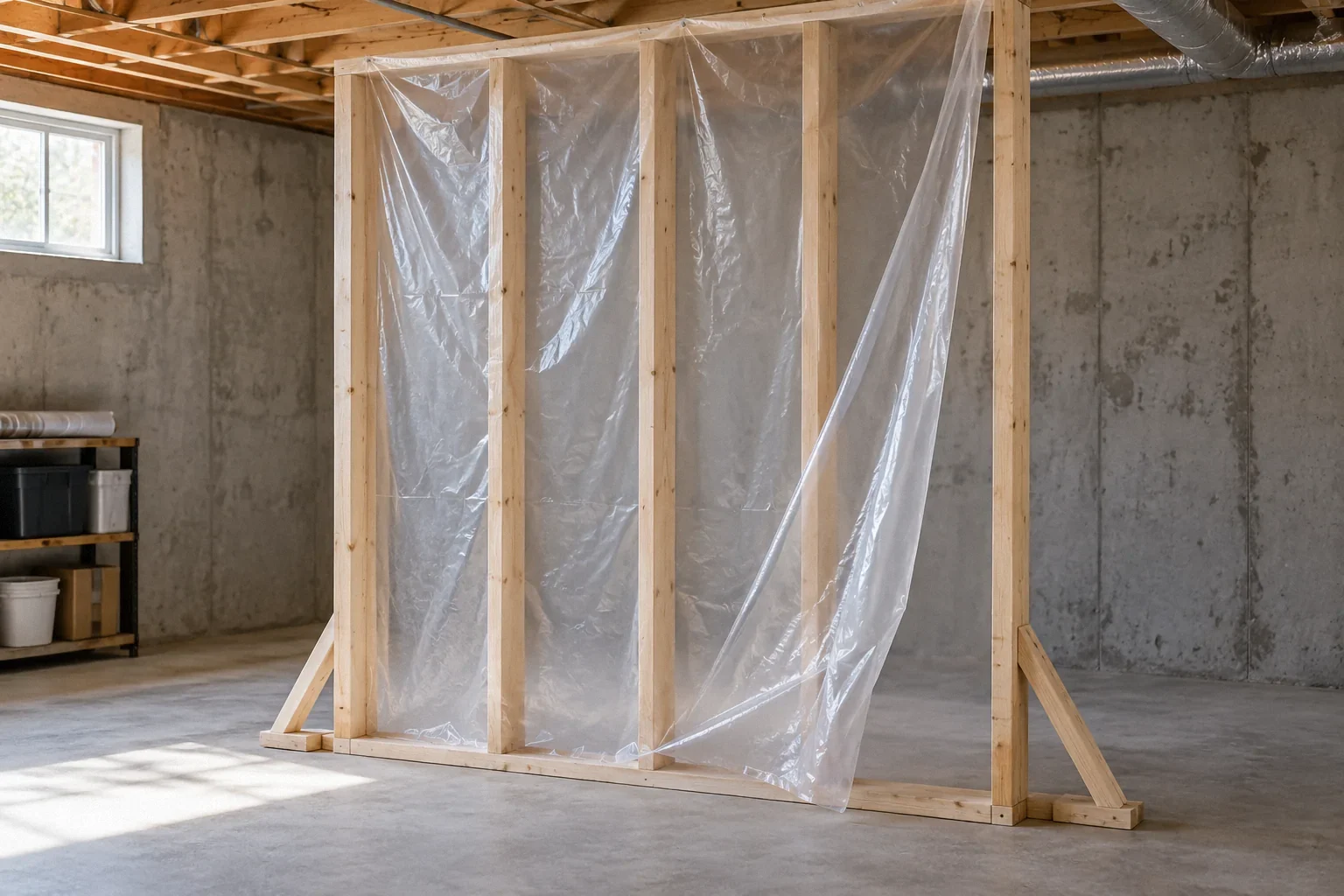 Conceptual illustration: Transparent polyethylene sheet draped over standalone sample stud frame separate from concrete wall.