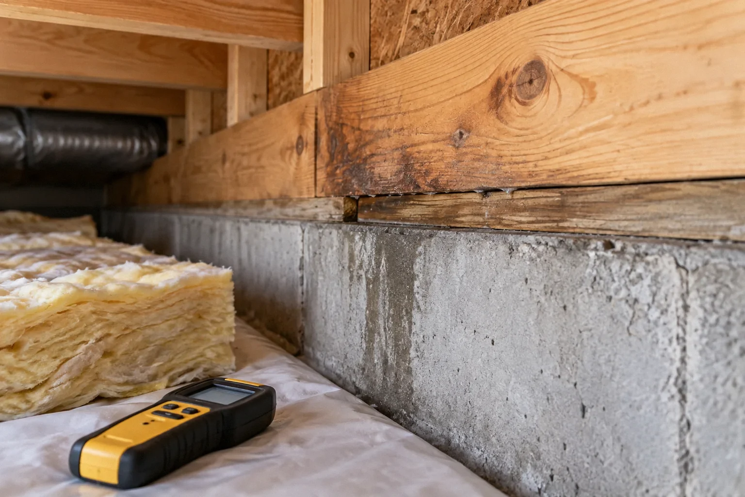 Conceptual illustration: Timber rim joist and sill above foundation; moisture meter and insulation sample nearby; close side view.