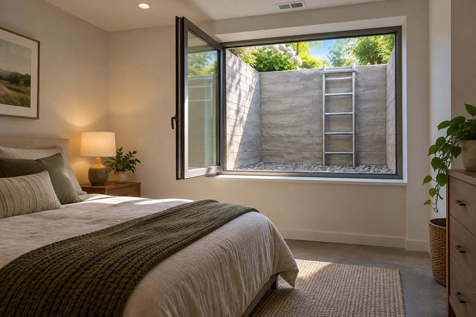 Conceptual illustration: Basement bedroom window opening toward bright exterior well with fixed ladder; daylight entering room.