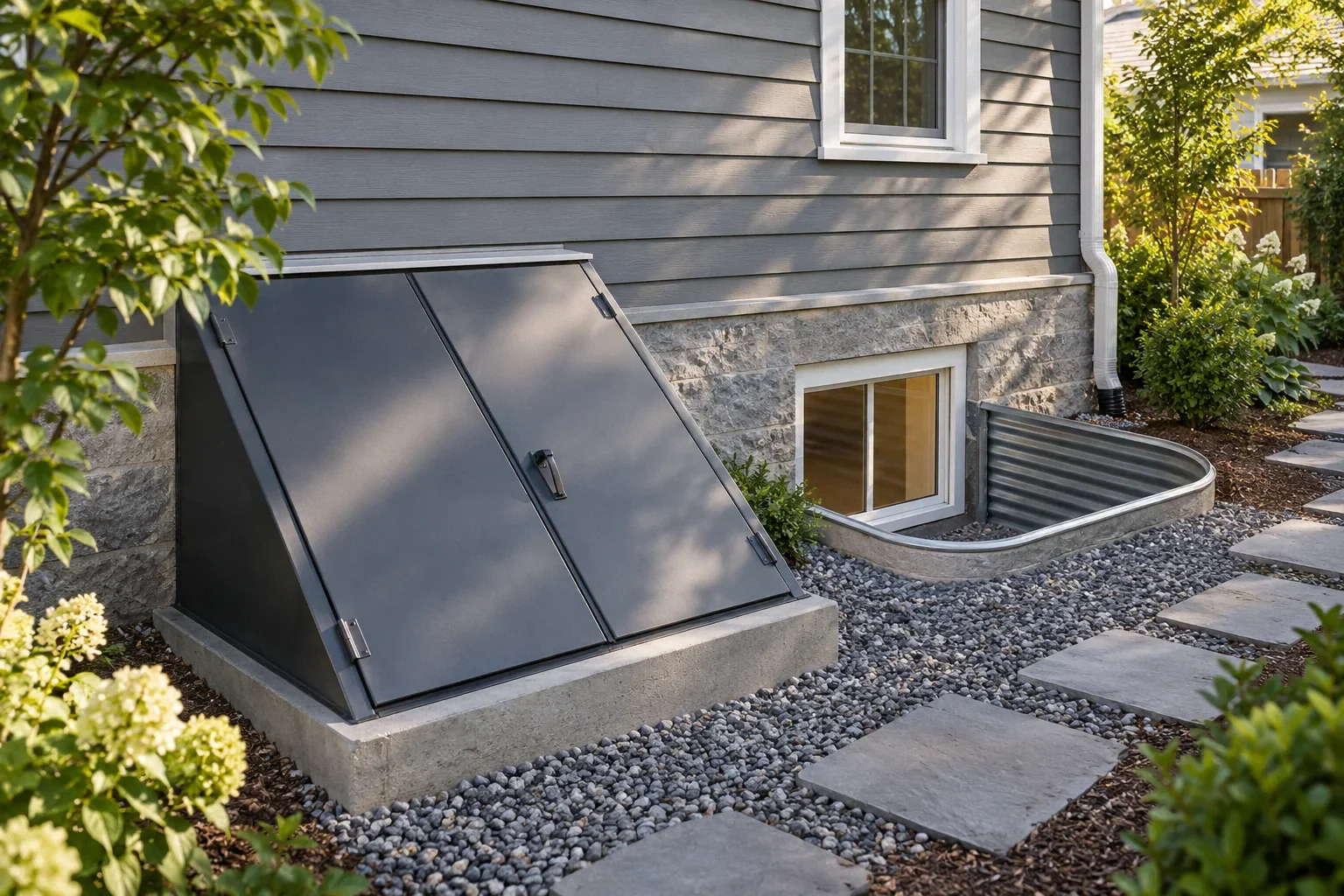 Conceptual illustration: Exterior basement bulkhead double doors beside a separate window well; residential side yard view.