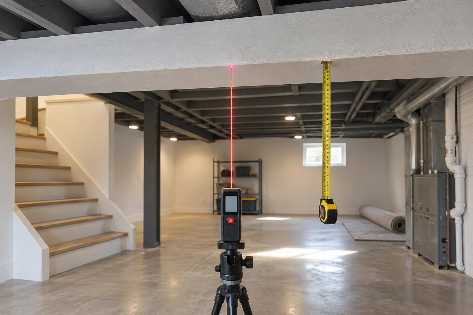 Conceptual illustration: Laser distance meter beneath low basement ceiling beam; tape measure hanging from beam; empty room.