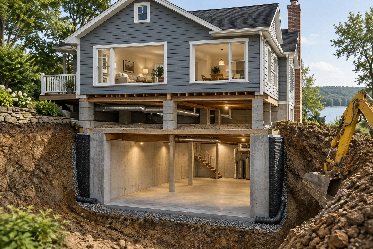 Conceptual illustration: Physical house model with shallow crawl space visible through transparent side; excavation feasibility concept.