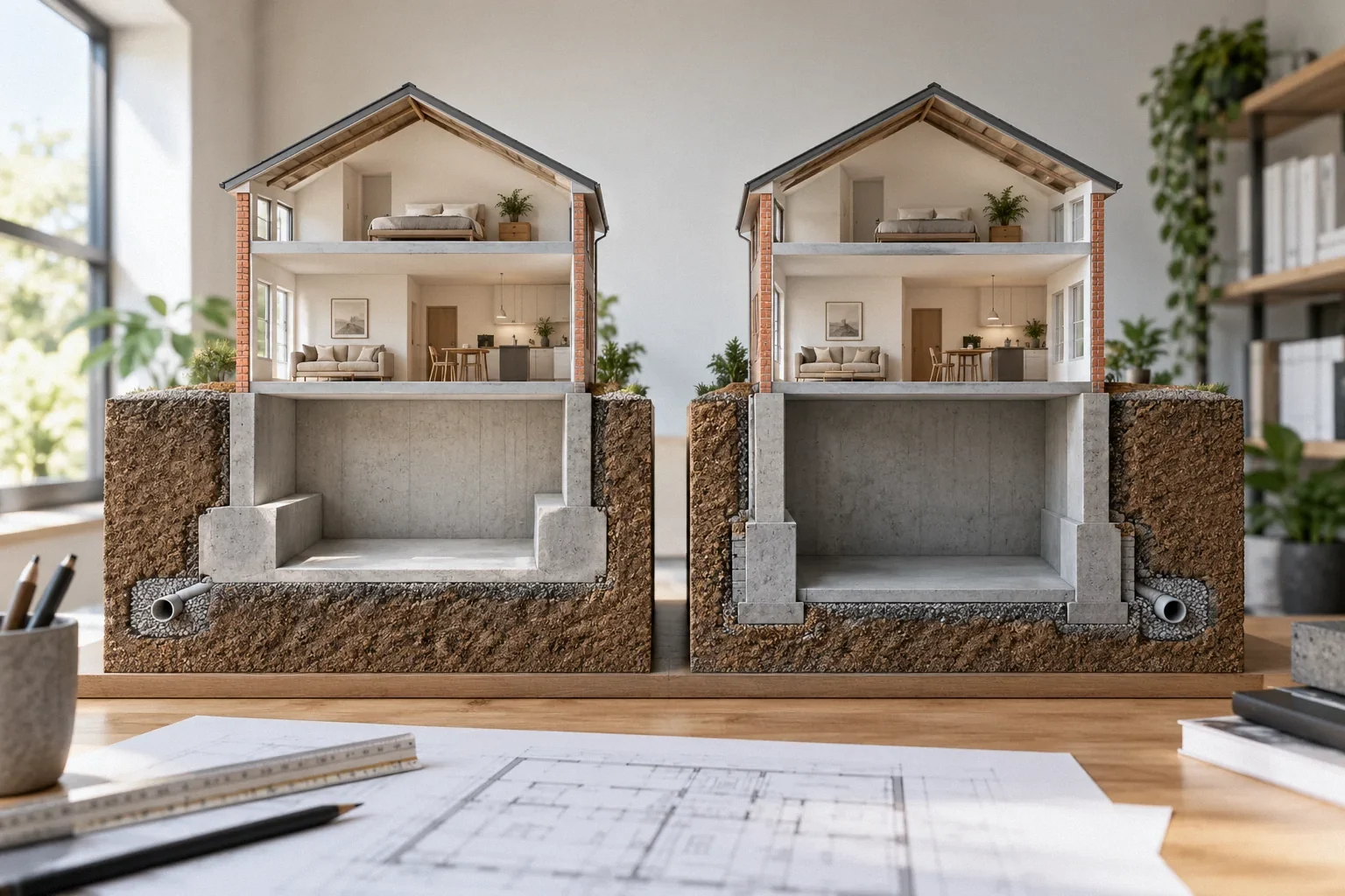 Conceptual illustration: Two unlabeled physical models comparing perimeter concrete bench and separate underpinning concept.