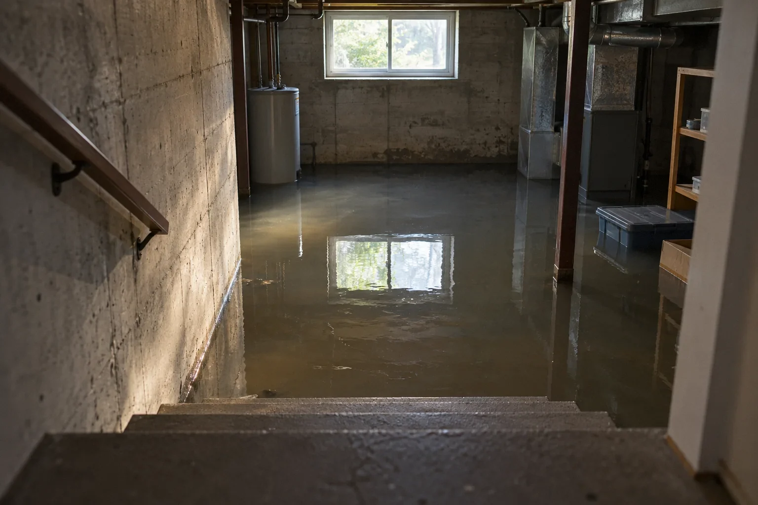 Conceptual illustration: From dry stair landing looking toward shallow basement floodwater reflecting window; no people or live equipment.