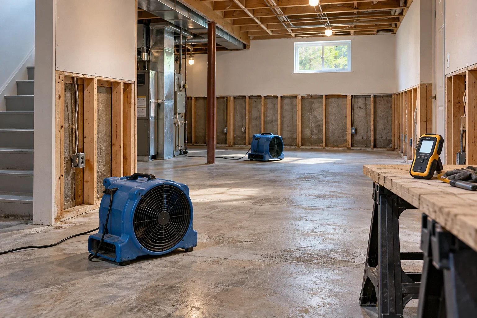 Conceptual illustration: Flood recovery room with lower wall coverings removed; switched-off floor fans and meter on bench; open dry framing.