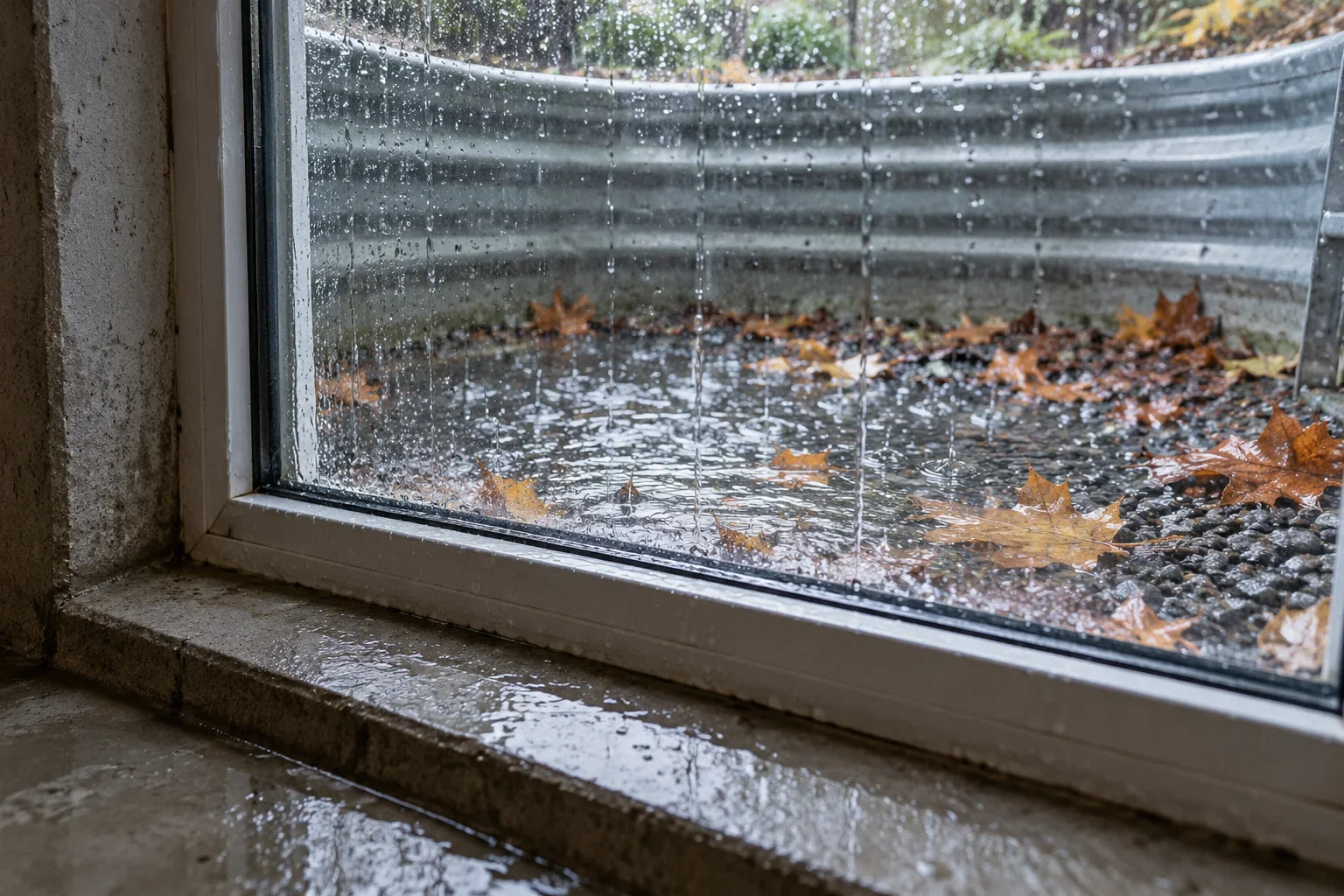 Conceptual illustration: Rain inside basement window well; gravel and fallen leaves visible outside glass; inside-to-outside close view.