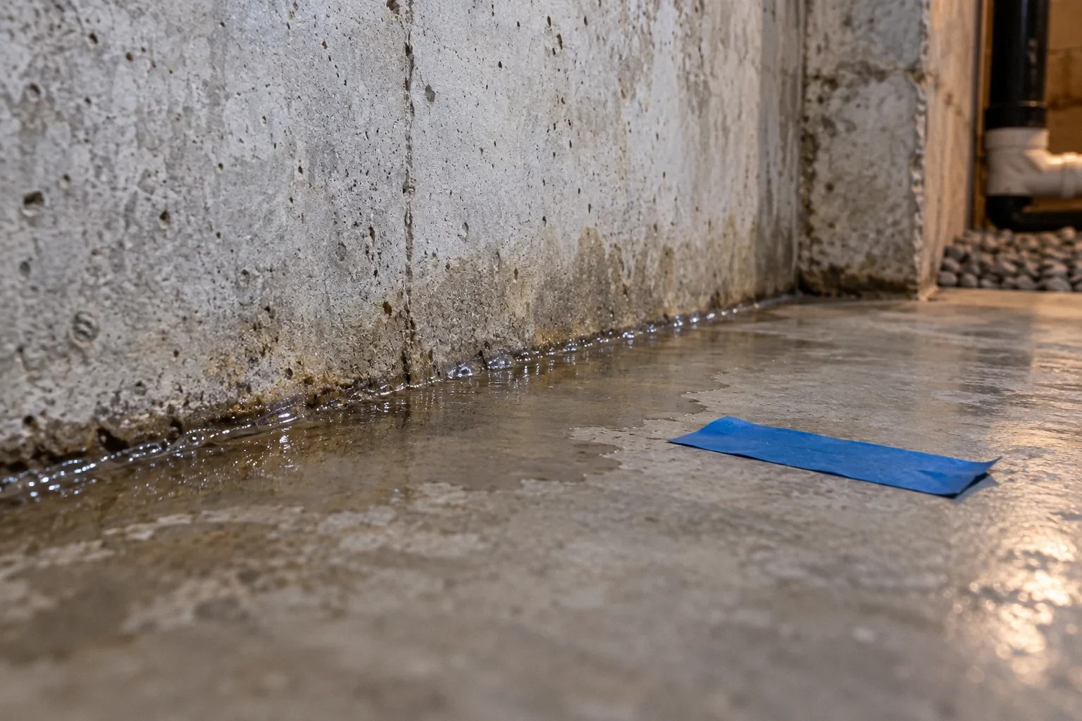 Conceptual illustration: Narrow line of water seepage at concrete wall-floor joint; removable tape mark nearby; low macro.