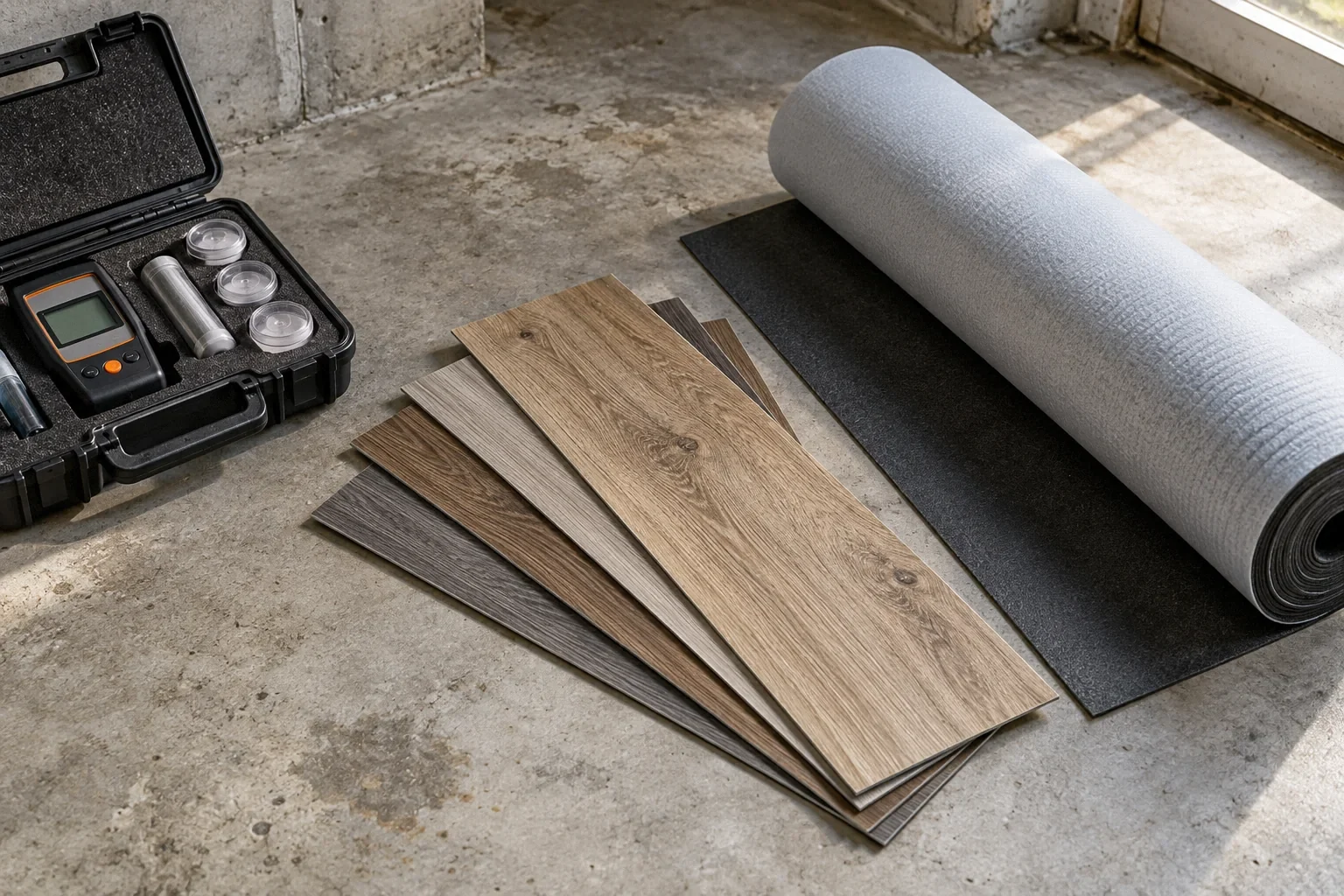 Conceptual illustration: Vinyl plank sample, closed moisture test kit and rolled underlayment on bare concrete slab; overhead.