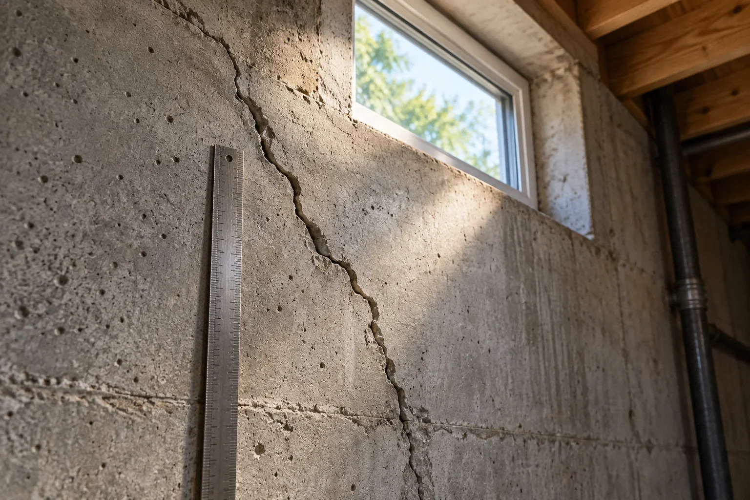 Conceptual illustration: Low-angle view of concrete basement wall with a diagonal crack near a small window; steel ruler beside crack; raking daylight.