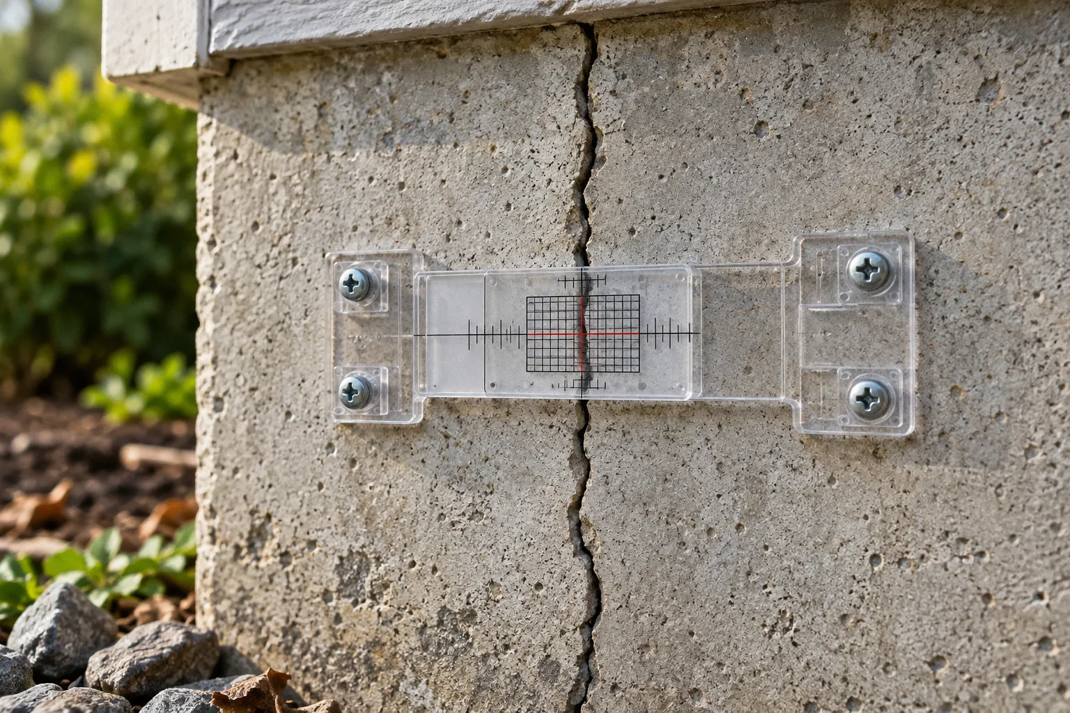 Conceptual illustration: Transparent acrylic crack-monitor gauge fixed across a fine vertical foundation crack; tiny date tick marks; tightly framed macro.