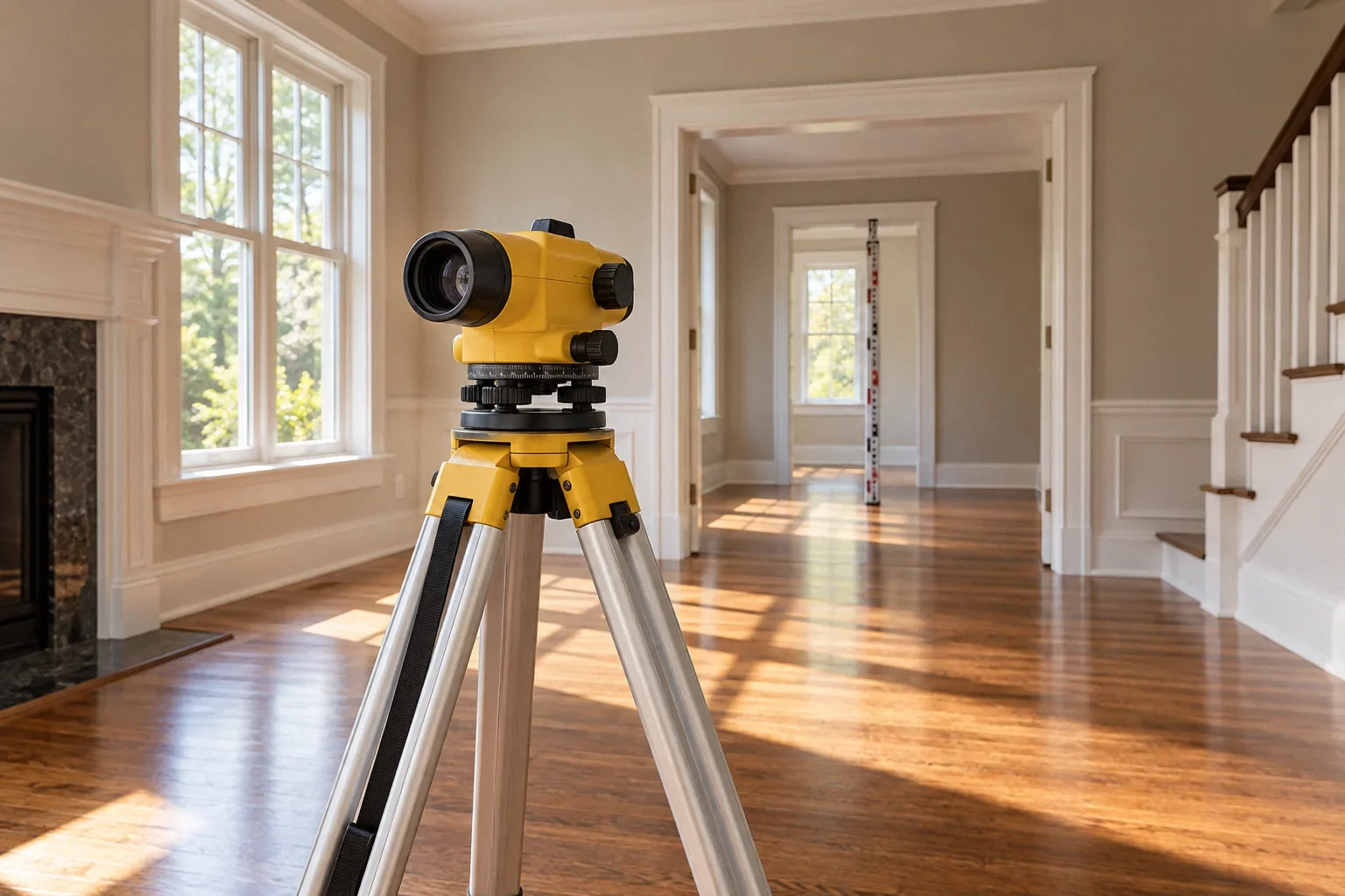 Conceptual illustration: Optical survey level on tripod on hardwood floor; measuring staff at far doorway; sunlit empty house interior.