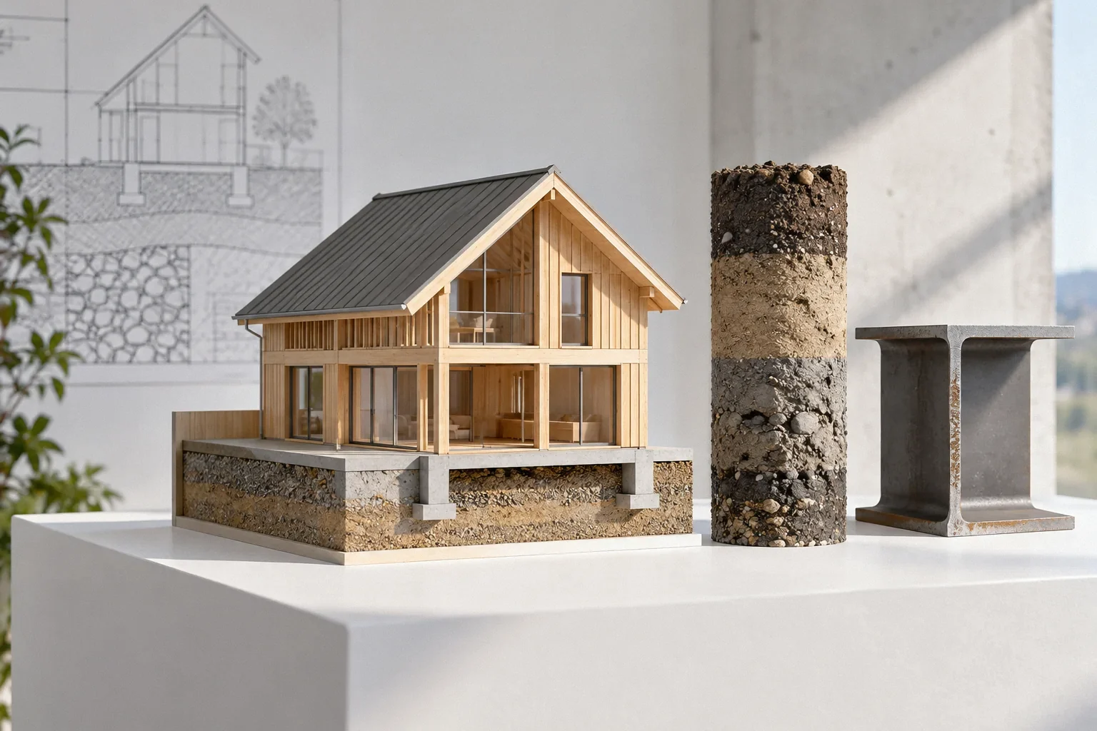 Conceptual illustration: Timber house model beside a cylindrical soil core and steel beam cross-section; white studio plinth.