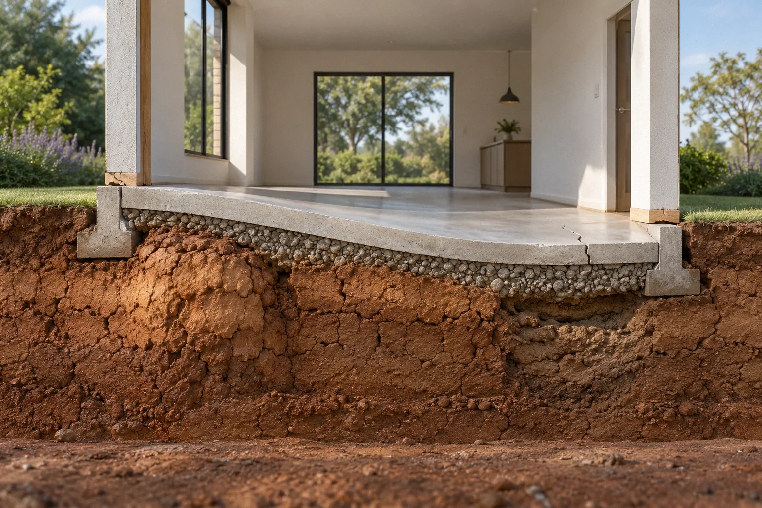 Conceptual illustration: Physical cutaway model of slab on clay soil; one edge slightly lifted by swelling clay, opposite edge settled; no arrows or labels.