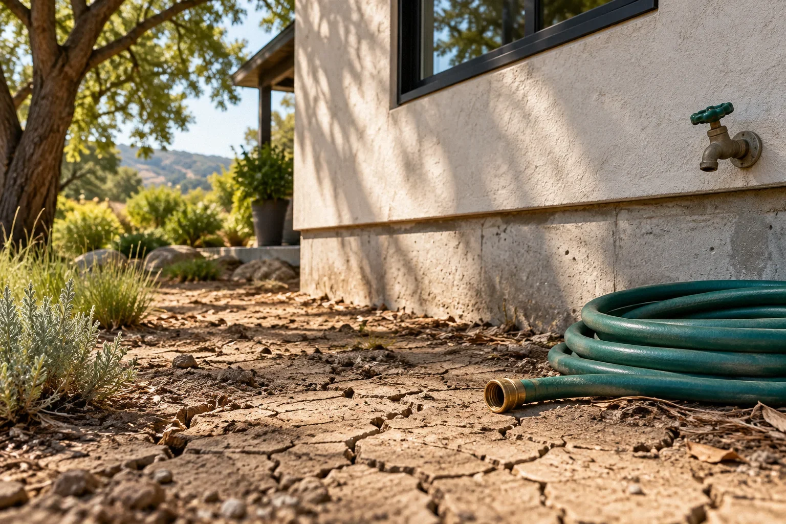 Conceptual illustration: Exterior foundation edge beside dry clay and a disconnected coiled garden hose; California tree shade; ground-level view.