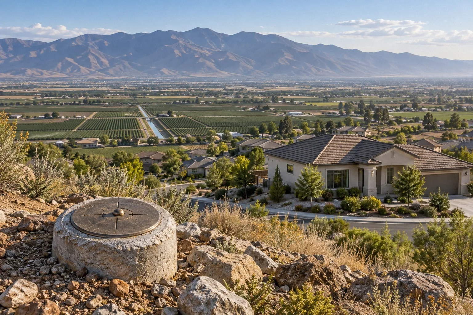 Conceptual illustration: Wide valley neighborhood and agricultural fields with survey benchmark in foreground; regional land movement concept.