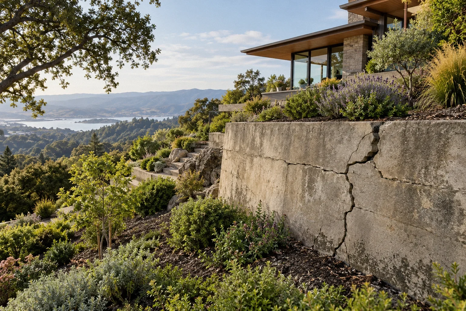 Conceptual illustration: Hillside home above sloping garden; cracked retaining wall in foreground; broad landscape, mature vegetation.