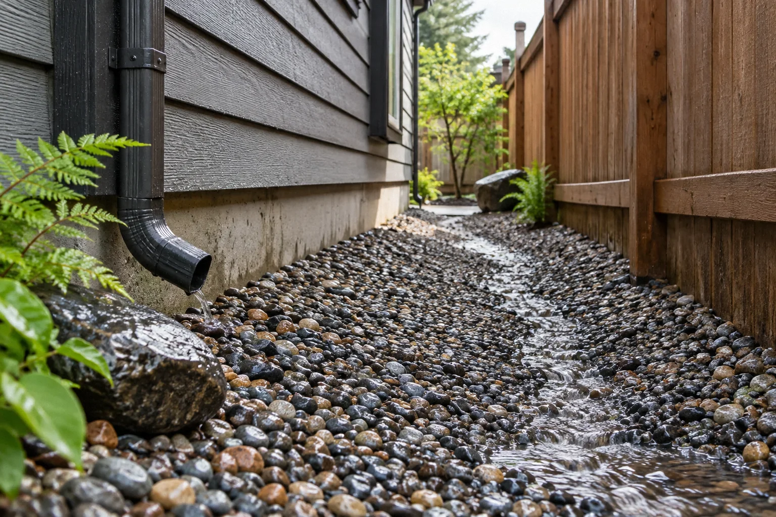 Conceptual illustration: Narrow side yard between wall and fence; graded gravel and shallow drainage swale; low viewpoint after rain.