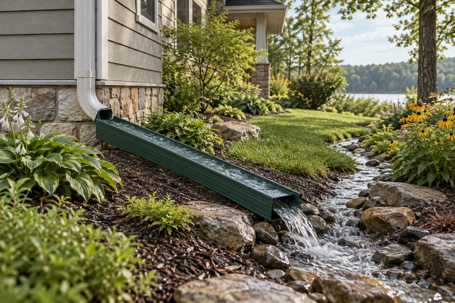 Conceptual illustration: Metal downspout and long above-ground extension directing rainwater away from foundation; visible garden water path.