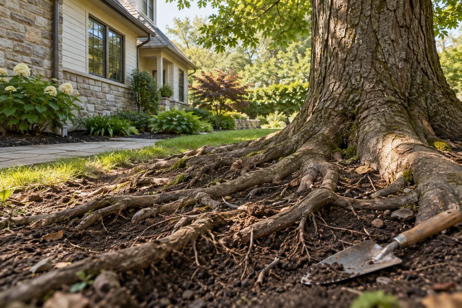 Conceptual illustration: Large tree near house, exposed surface roots and soil trowel foreground; garden view with both house and tree.