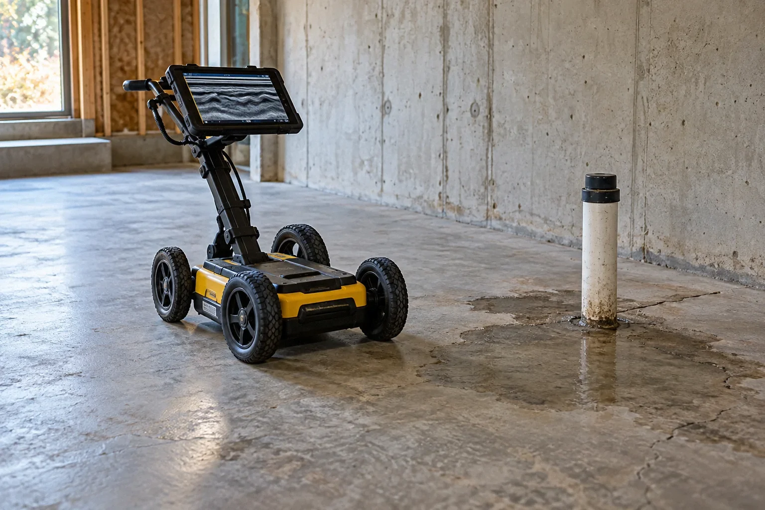 Conceptual illustration: Leak investigation device parked on bare interior slab beside damp patch and capped water pipe; no active demolition.