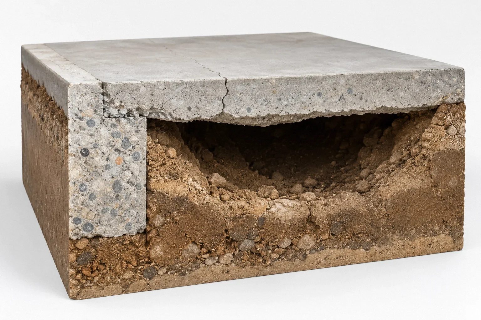 Conceptual illustration: Isolated physical scale model of a concrete slab above a localized soil void; exposed edge, neutral white background.
