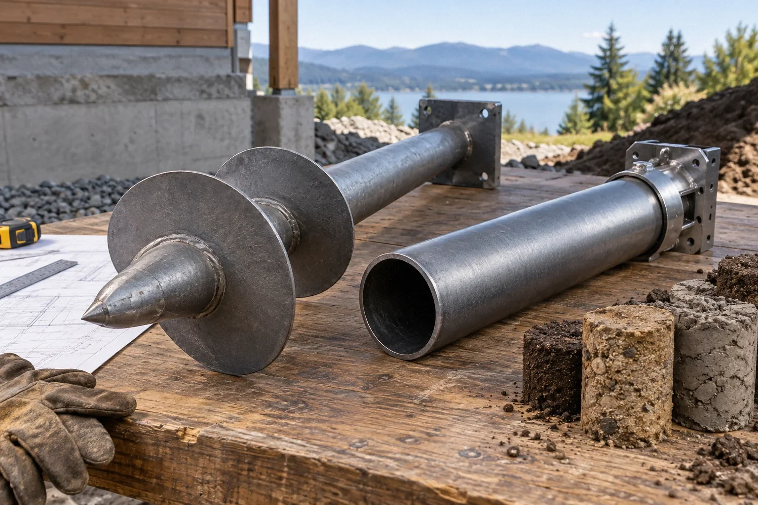 Conceptual illustration: Two separate uninstalled steel specimens: a helical screw pile and smooth tubular push-pier section; workshop material study.