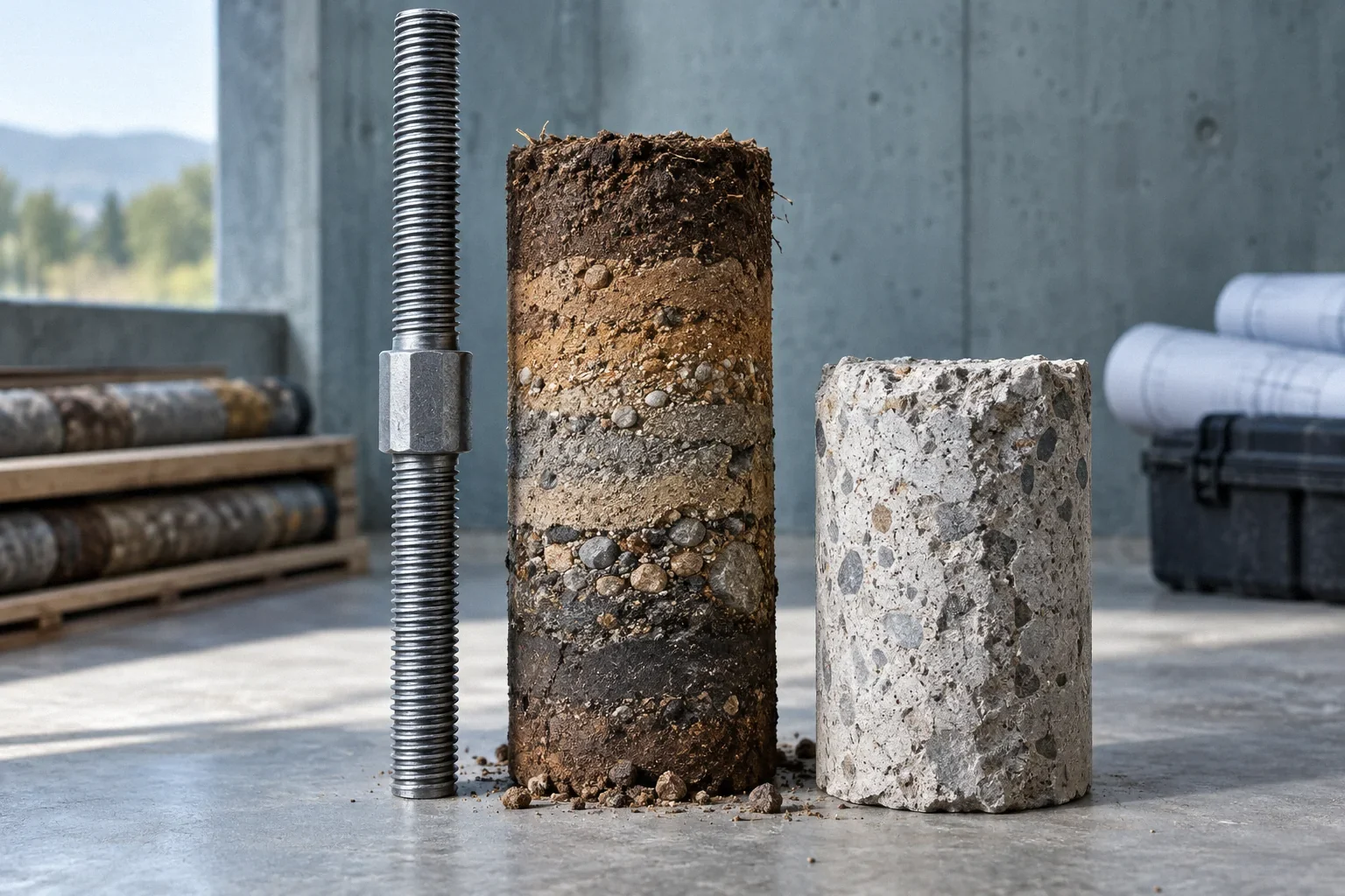 Conceptual illustration: Slender threaded steel micropile rod alongside soil core and rough concrete coupon; teal-grey industrial background.
