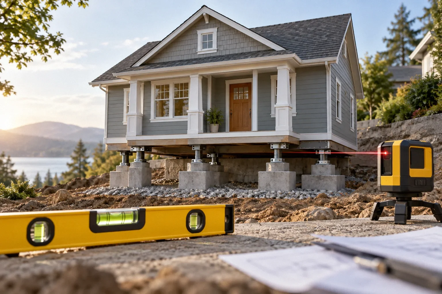 Conceptual illustration: Small house model above foundation base with bubble level and compact laser level; bright product-style composition.