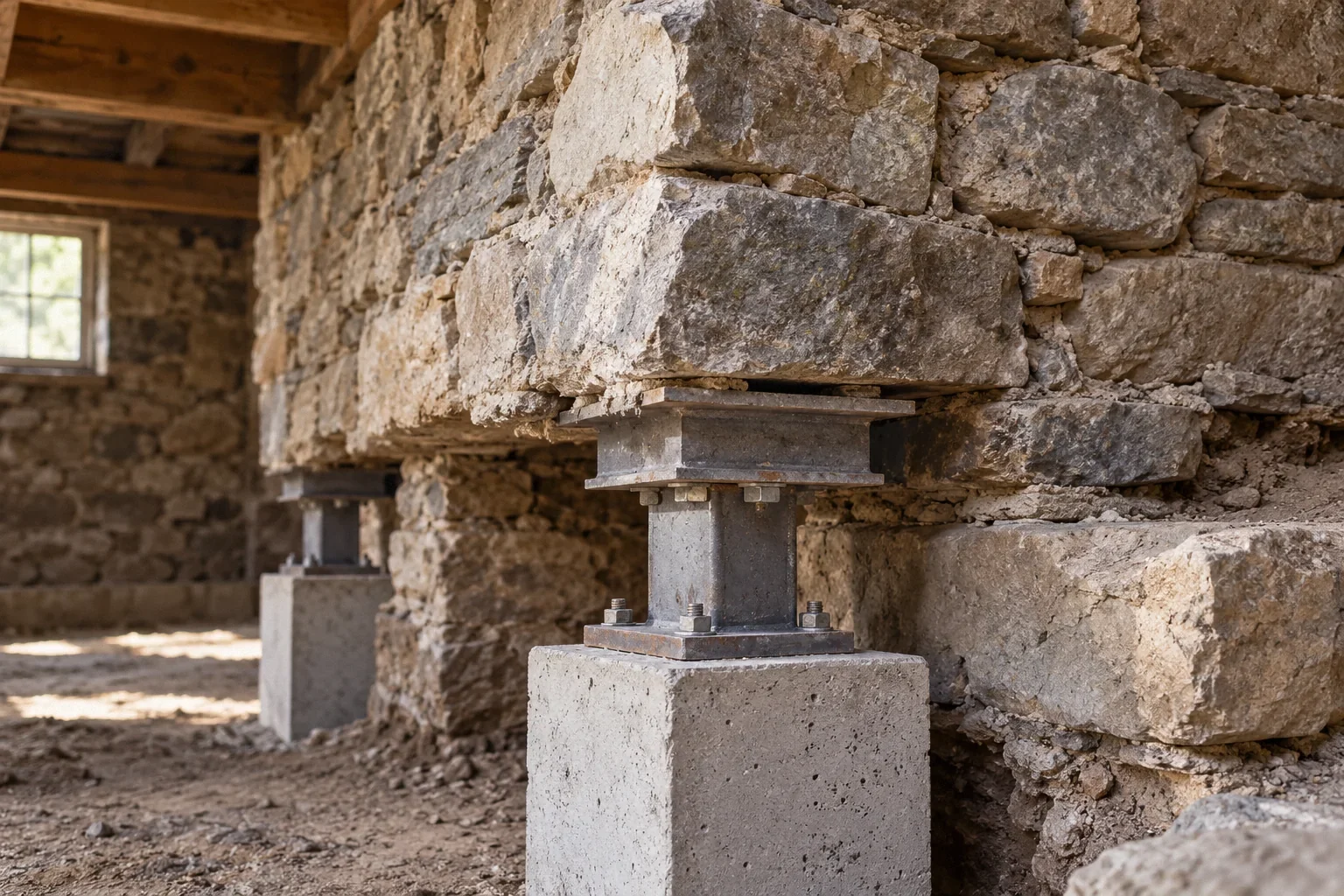 Conceptual illustration: Old fieldstone foundation corner with small freestanding shoring concept model in foreground; dusty texture, no active excavation.