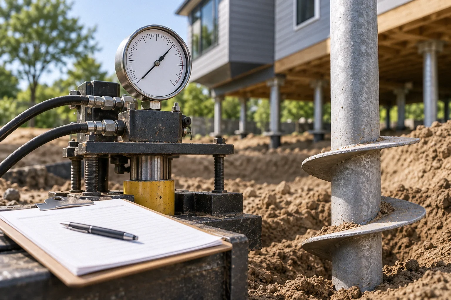 Conceptual illustration: Hydraulic load-test gauge beside unmarked installation log and helical steel pile shaft; close detail.