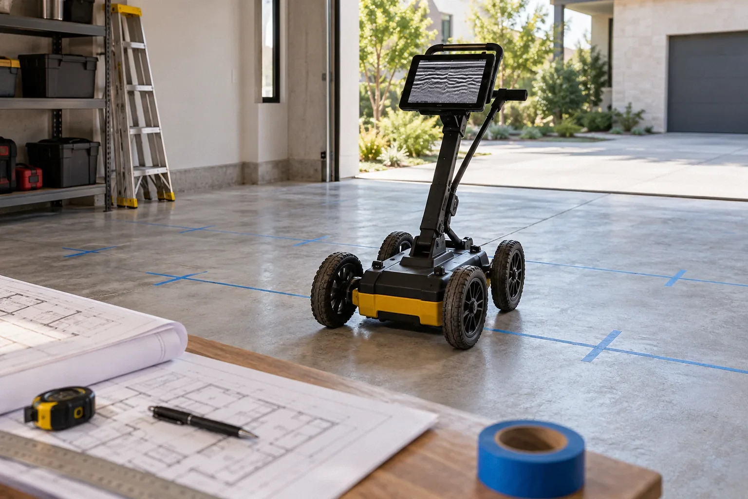 Conceptual illustration: Ground-penetrating radar scanning cart parked on intact garage slab; removable blue marking tape; no drilling.