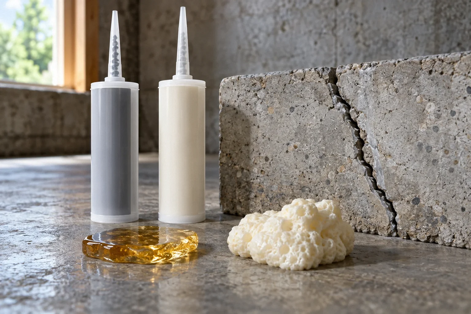 Conceptual illustration: Two unlabeled repair cartridges beside cracked concrete coupon; amber cured resin and flexible foam sample; macro.