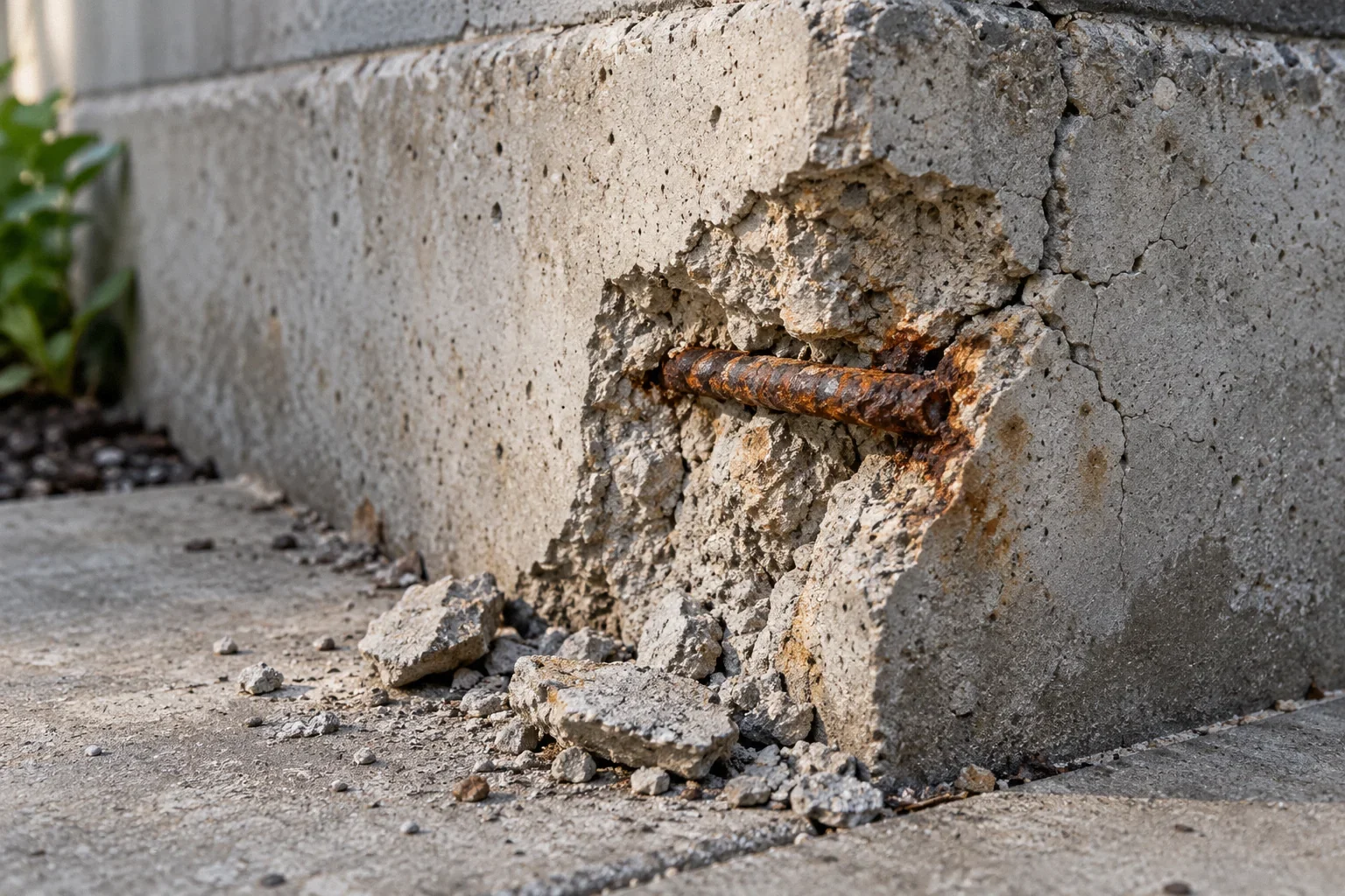 Conceptual illustration: Small spalled concrete edge exposing a short rusted rebar section; loose concrete chips; precise close detail.